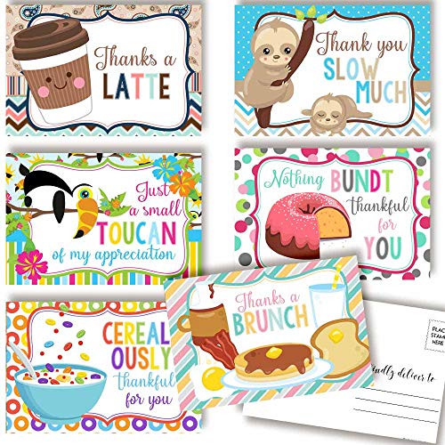 Cute Animal & Food Related Puns Gratitude, Appreciation Themed Thank You Blank Postcards To Send To Friends, Family, Customers, 4&quot;x6&quot; Fill In Notecards (6 different designs) by AmandaCreation
