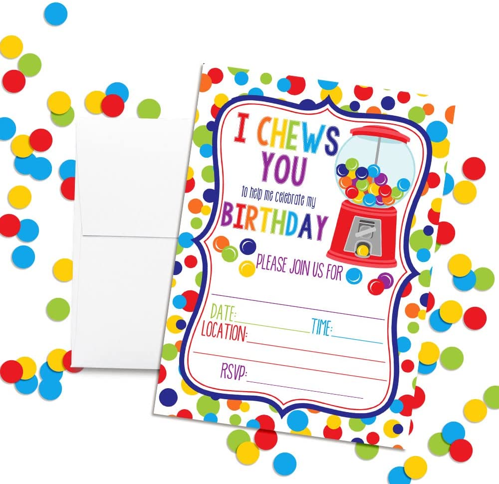 Cute Rainbow Colored Bubble Gum Birthday Party Invitations Amanda