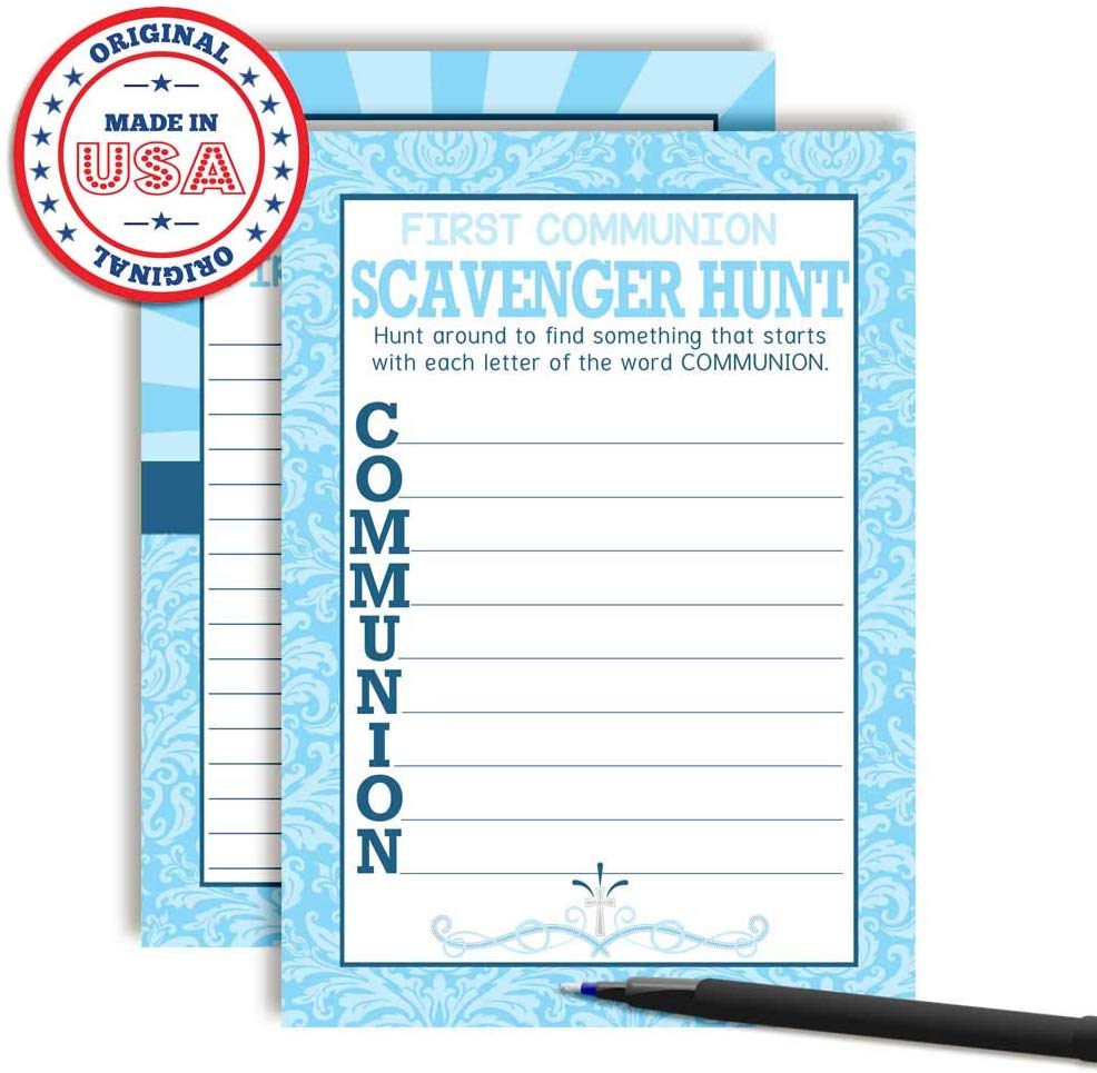 Blue First Holy Communion Scavenger Hunt & Word Scramble Game Cards ...