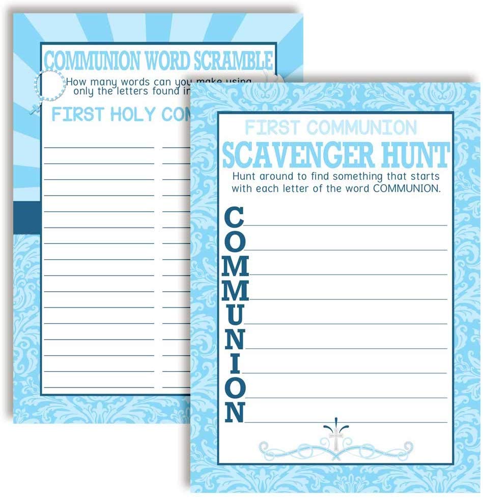 Blue First Holy Communion Scavenger Hunt & Word Scramble Game Cards ...