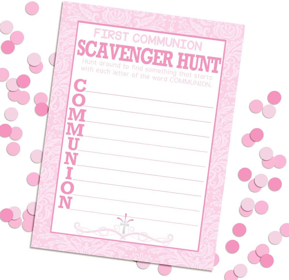 Pink First Holy Communion Scavenger Hunt & Word Scramble Game Cards ...