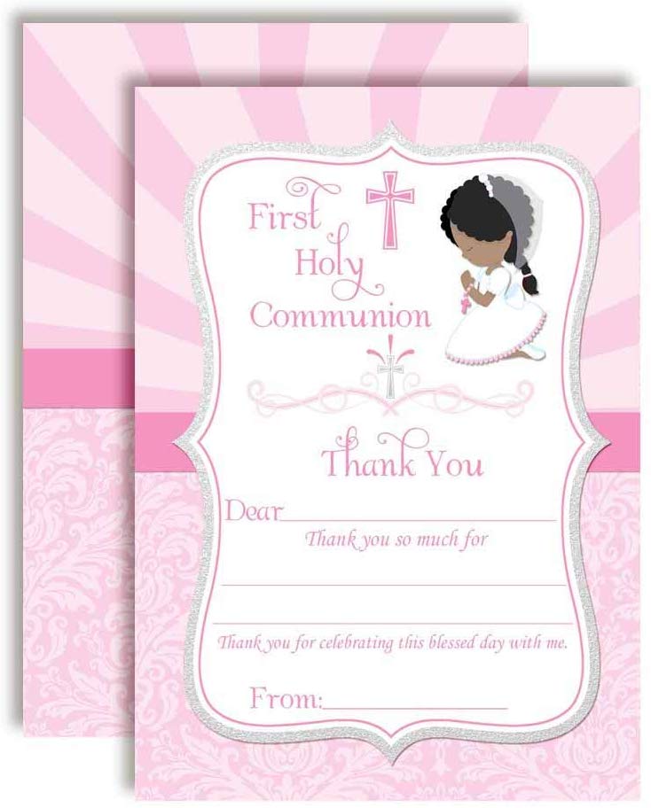 First Holy Communion Religious Thank You Notes for Girls (Darker Skin, Black Hair)