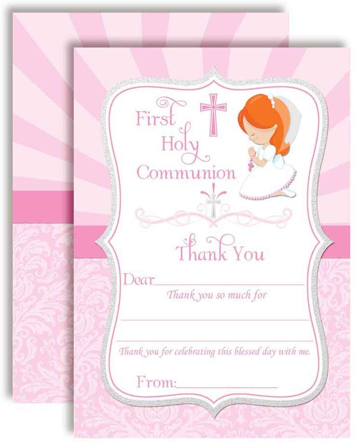 First Holy Communion Religious Thank You Notes for Girls (Light Skin, Red Hair)
