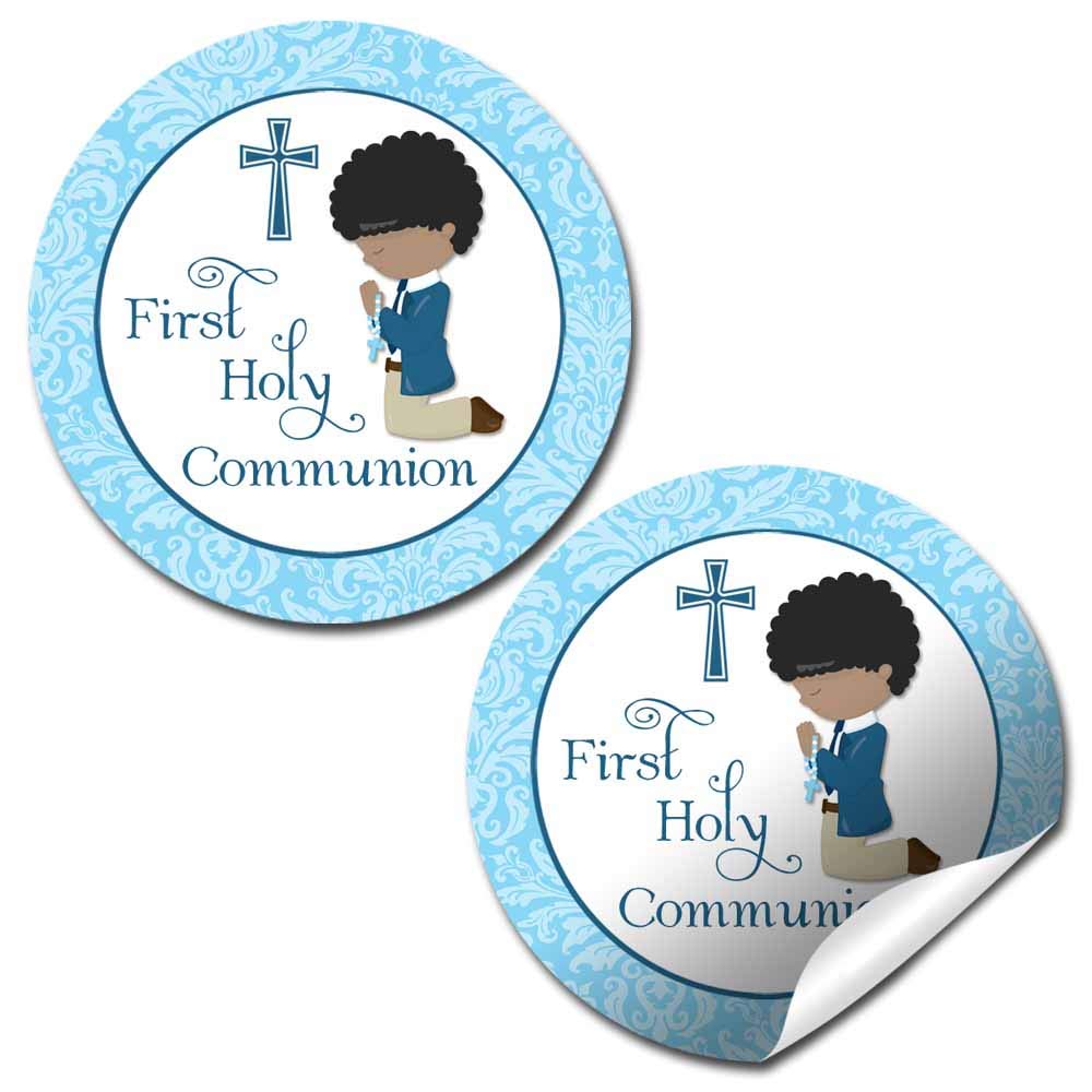 First Holy Communion Blue Party Favor Stickers (Darker Skin, Black Hai ...