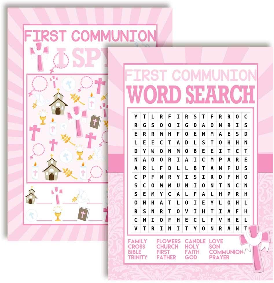 First Holy Communion Religious Word Search I Spy Fill In Game Cards for Girls, Ten 4&quot; x 5.5&quot; Fill In The Blank Cards by AmandaCreation