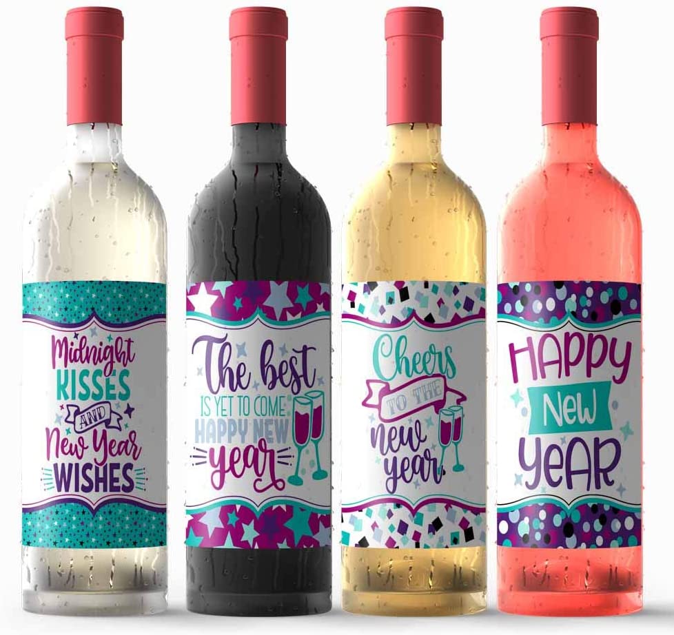 Purple & Aqua Happy New Year Wine Bottle Labels