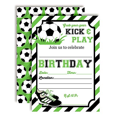 soccer birthday party invitations green and black stripe with soccer ball and cleats
