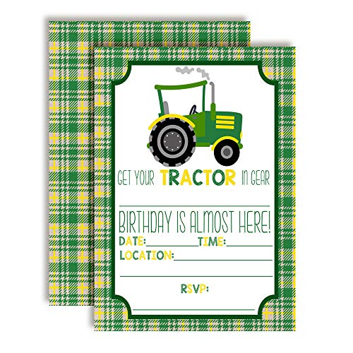 Green & Yellow Tractor Birthday Party Invitations