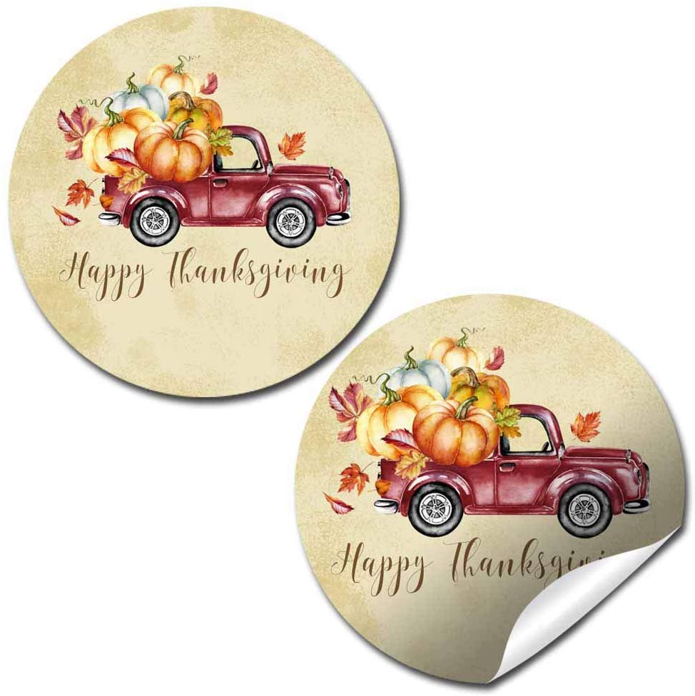 Happy Thanksgiving Pickup Truck with Pumpkins Stickers