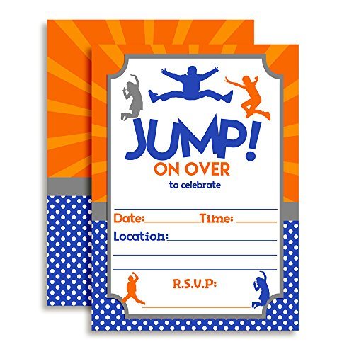trampoline party invitations with orange and blue and kids jumping