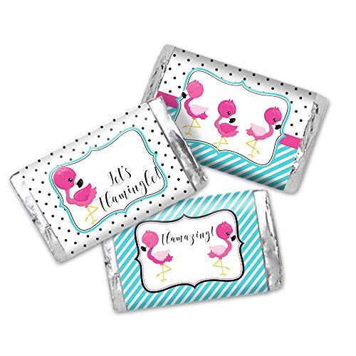 LetÃ¢‚¬„¢s Flamingle Pink & Turquoise Flamingo Themed Party Mini Chocolate Candy Bar Sticker Wrappers