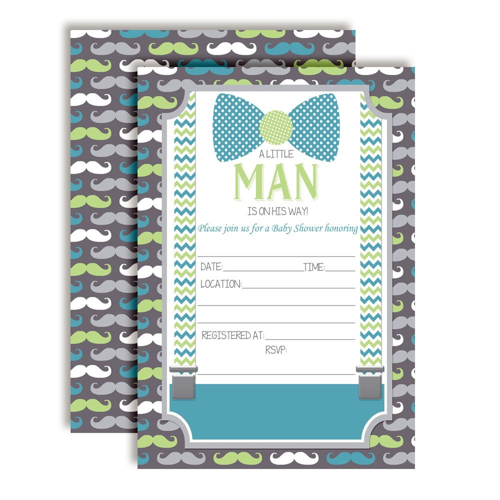 Little Man Bow Tie, Mustaches & Suspenders Baby Shower Invitations
