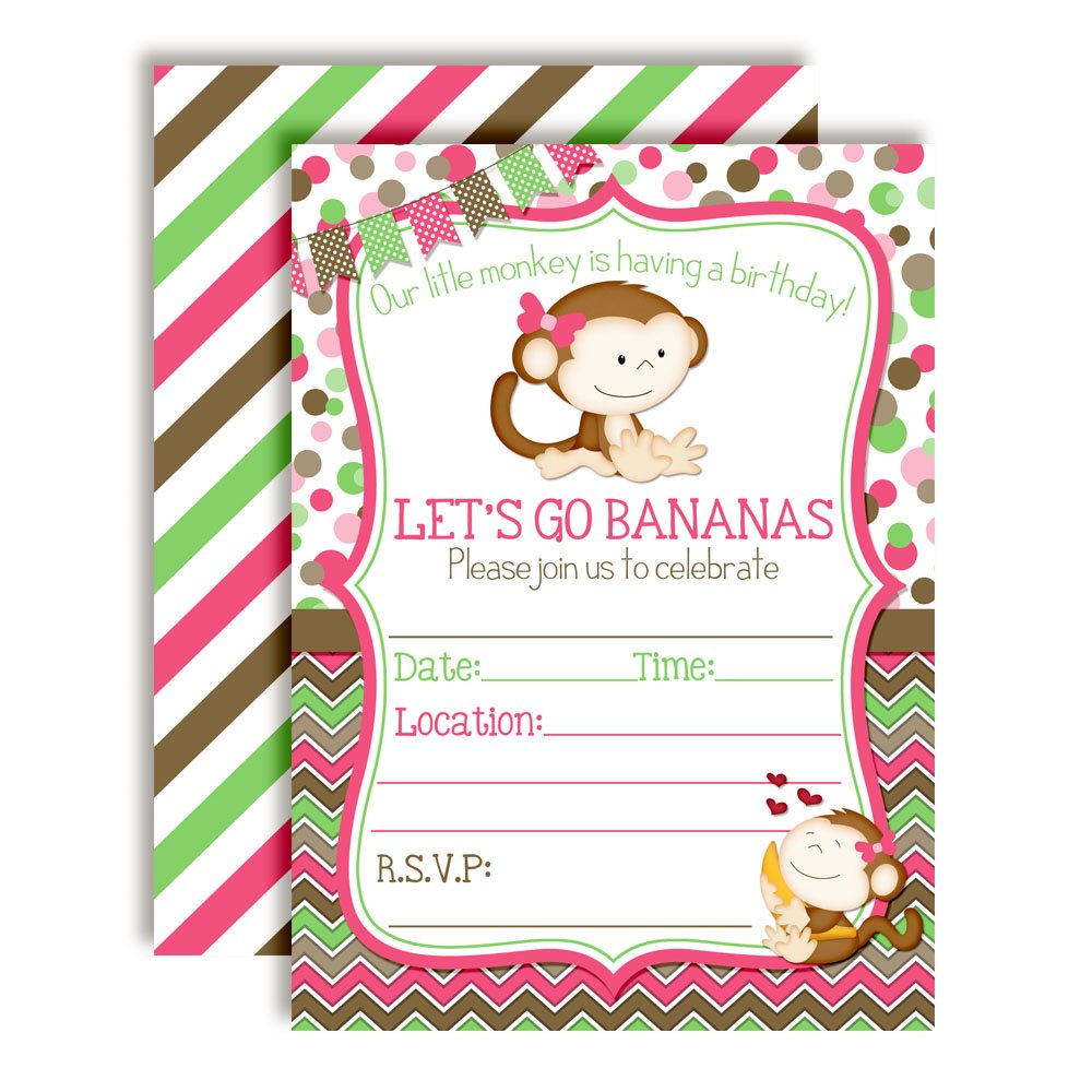 Little Monkey Birthday Party Invitations (Girl)