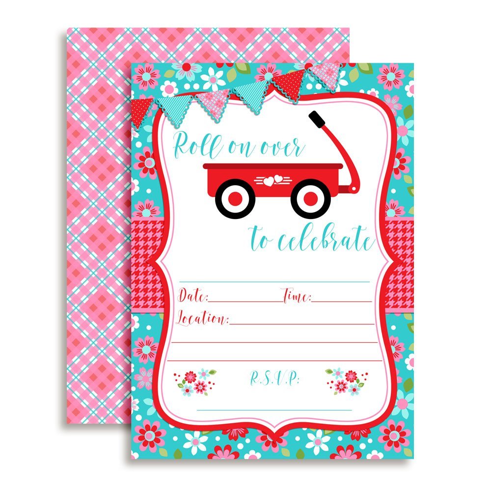 Little Red Wagon Birthday Party Invitations (Girl)