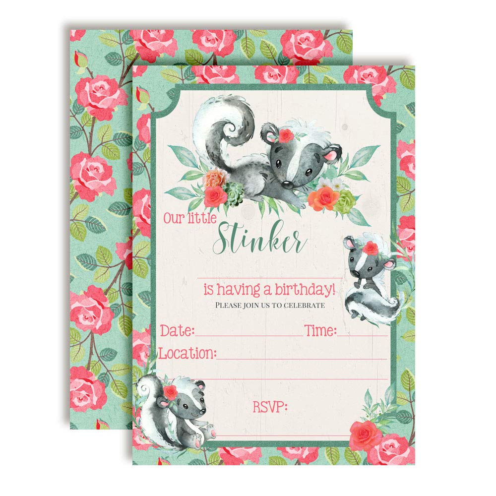 Little Stinker Skunk Birthday Party Invitations (Girl)