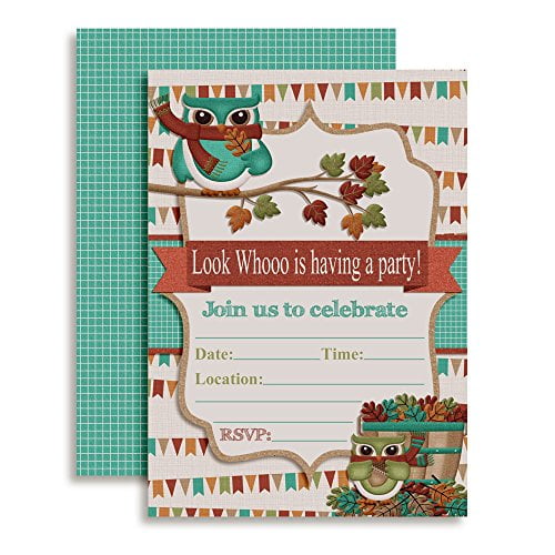 Owl with Autumn Leaves Fall Birthday Party Invitations