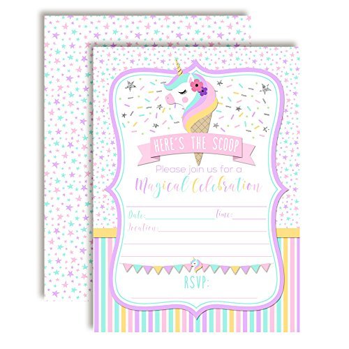Magical Unicorn Ice Cream Cone Birthday Party Invitations for Girls, 20 5&quot;x7&quot; Fill in Cards with Twenty White Envelopes by AmandaCreation