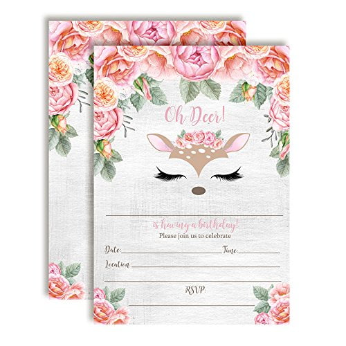 Oh Deer Woodland Floral Birthday Party Invitations