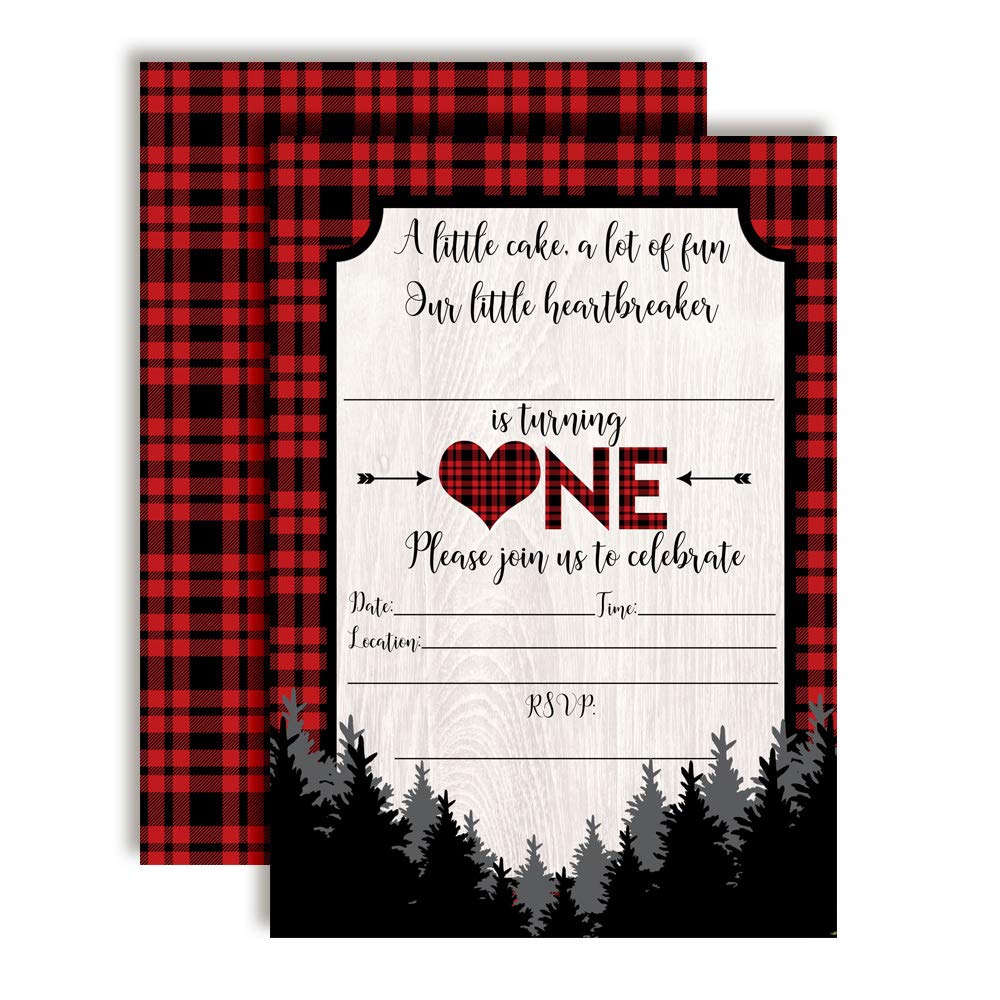 Our Little Heartbreaker 1st Birthday Buffalo Plaid Valentine Party Invitations