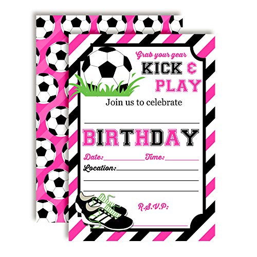 Pink & Black Kick and Play Soccer Themed Birthday Party Invitations for Girls
