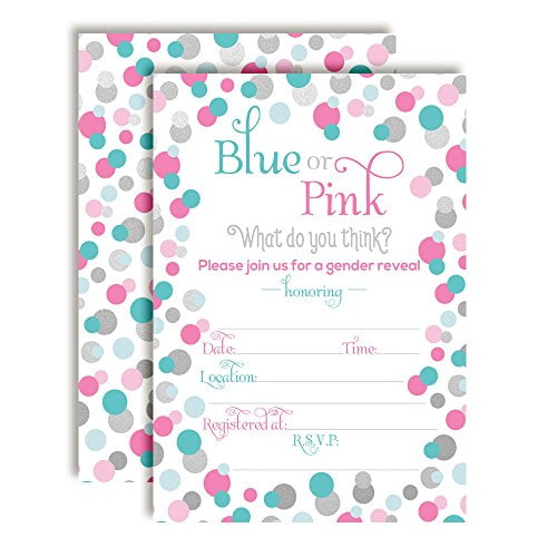 Gender Reveal Pink & Blue Polka Dot Baby Shower Invitations