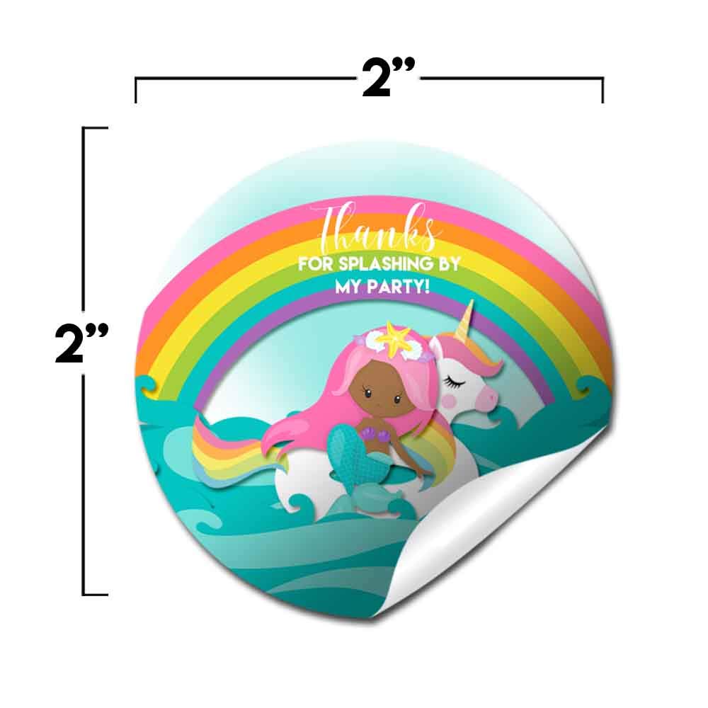 Pink Mermaid Unicorn Party Stickers (dark complexion)