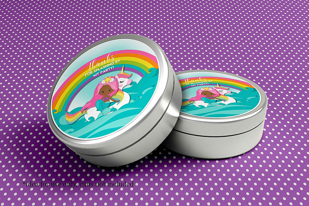Pink Mermaid Unicorn Party Stickers (dark complexion)