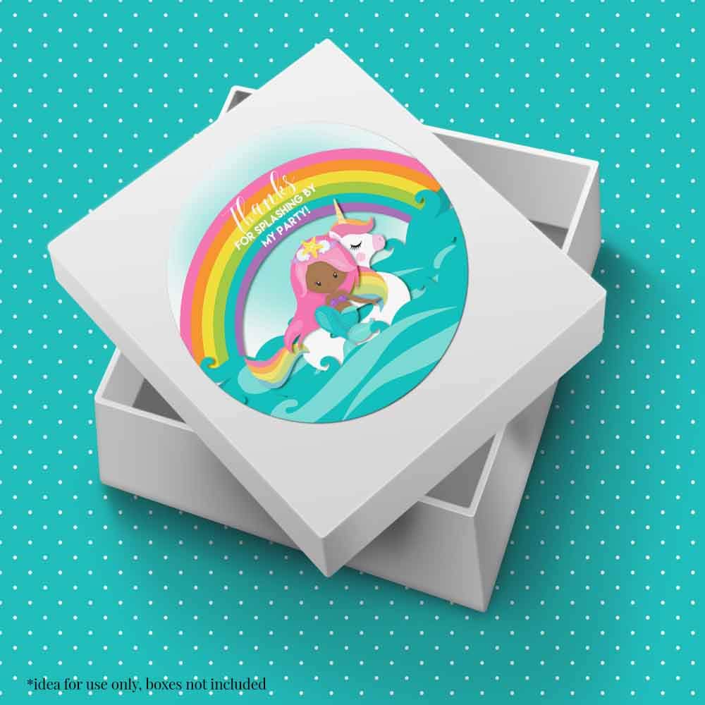 Pink Mermaid Unicorn Party Stickers (dark complexion)