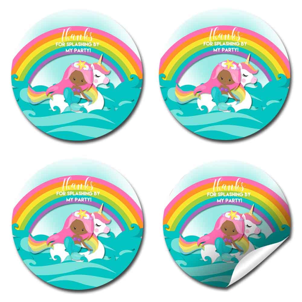 Pink Mermaid Unicorn Party Stickers (dark complexion)