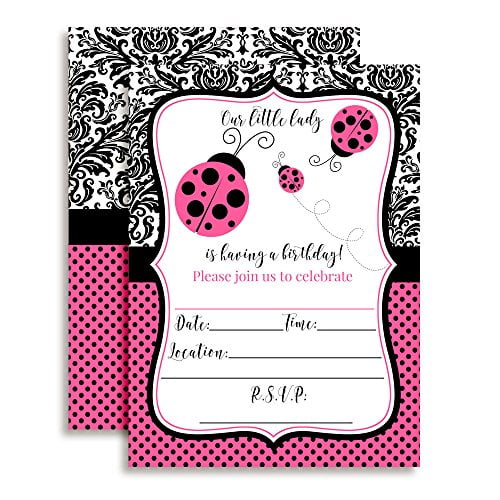 Pink Polka Dot Ladybug Birthday Party Invitations