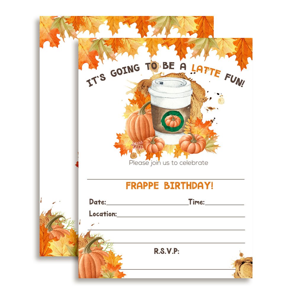 Pumpkin Spice Latte with Autumn Leaves Birthday Party Invitations