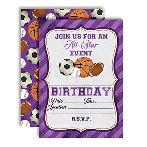 Purple All Star Sports-Themed Birthday Party Invitations for Girls