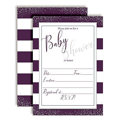 Purple & Silver Striped Baby Shower Invitations