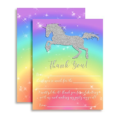 Rainbow Glitter Unicorn Thank You Cards