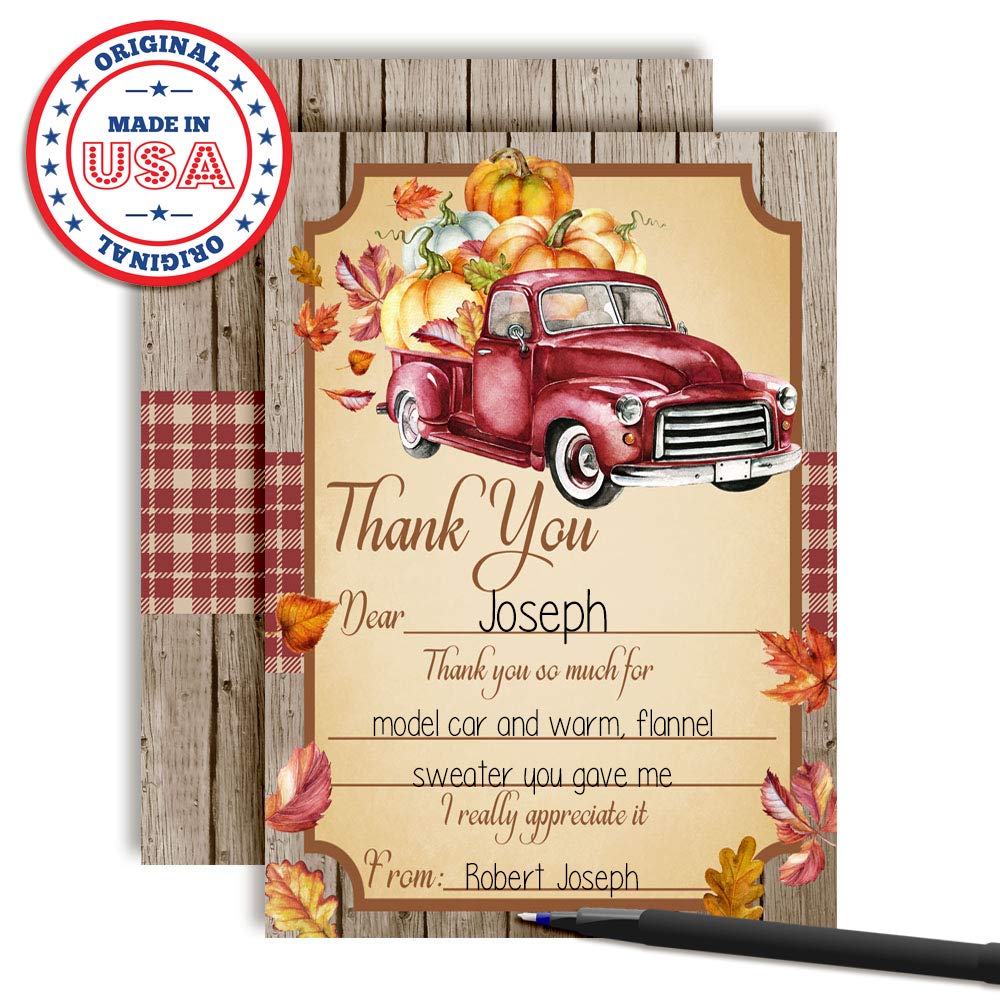 Red Truck With Pumpkins Birthday Thank You Cards