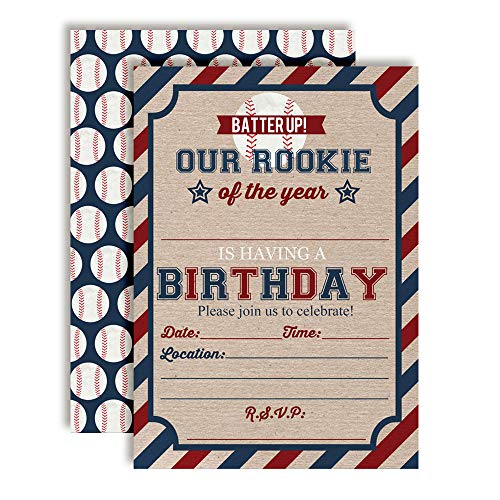 Rookie of The Year Birthday Invitations baseball red and navy on kraft