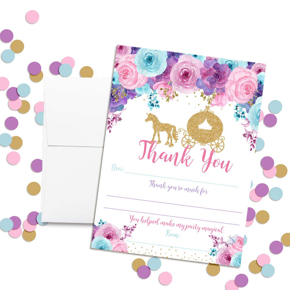 Floral Gold Glitter Princess Carriage Thank You Cards