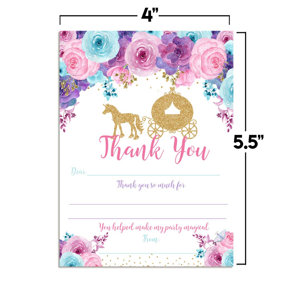 Floral Gold Glitter Princess Carriage Thank You Cards