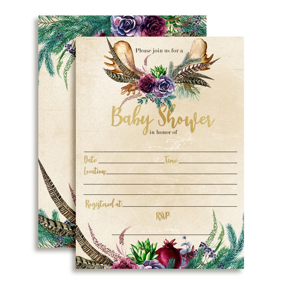 Boho Succulents, Pine, & Feathers Baby Shower Invitations (Moose Antler)
