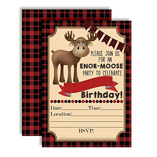 Red & Black Plaid Flannel Print Moose Birthday Party Invitations
