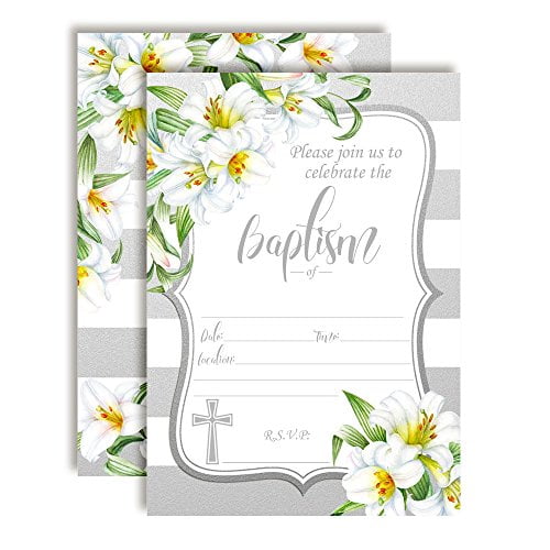 Silver & White Lily Floral Baptism Invitations