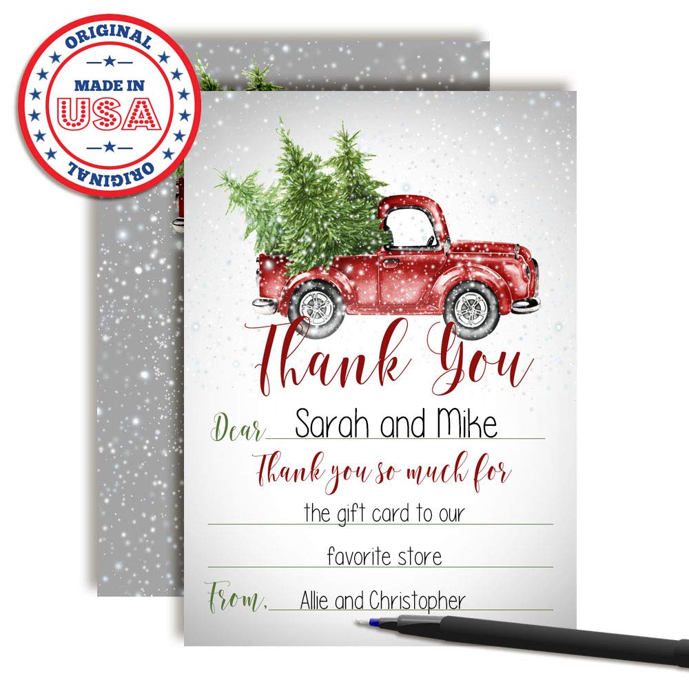 snowy christmas truck thank you cards