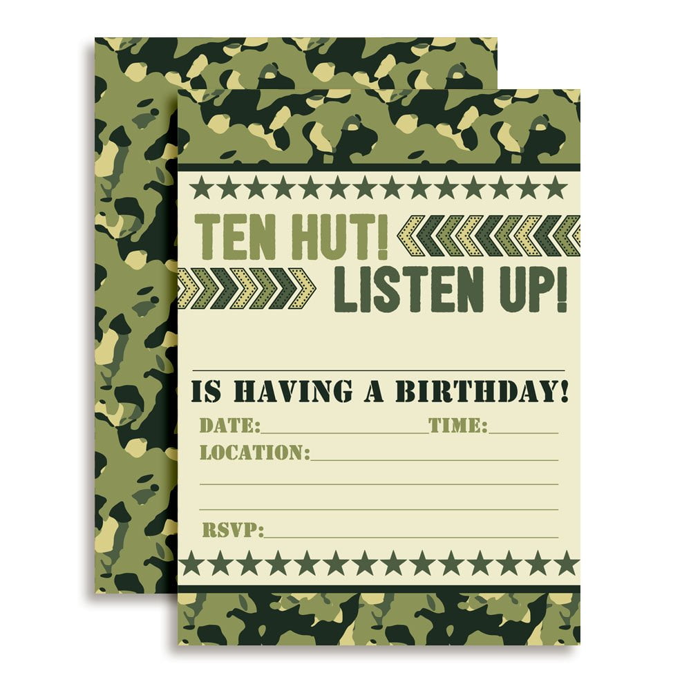 Ten Hut! Army Camouflage Birthday Party Invitations