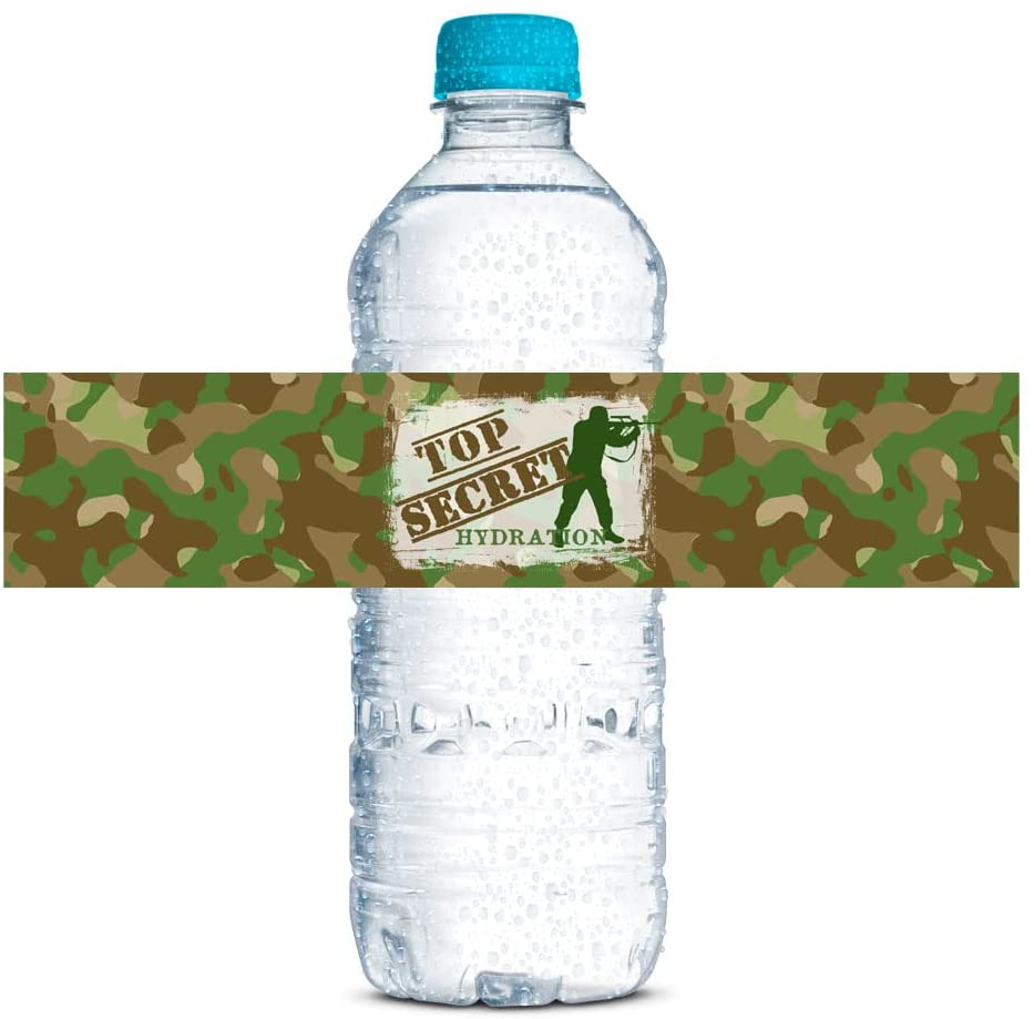 Top Secret Army Soldier Birthday Waterproof Water Bottle Wrappers