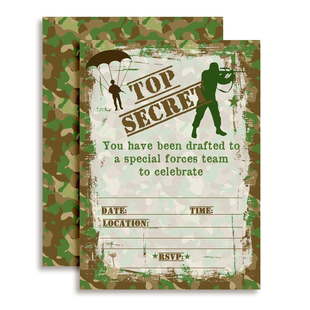 Top Secret Army Camouflage Birthday Party Invitations