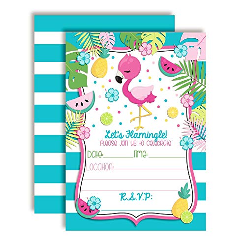 Tropical Pink Flamingo with Fruit Birthday Party Invitations