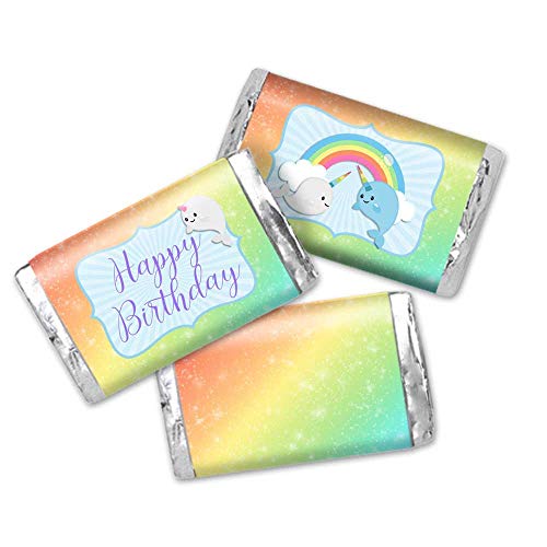 Under The Sea Rainbow Narwhal Themed Birthday Party Mini Chocolate Candy Bar Sticker Wrappers for Kids