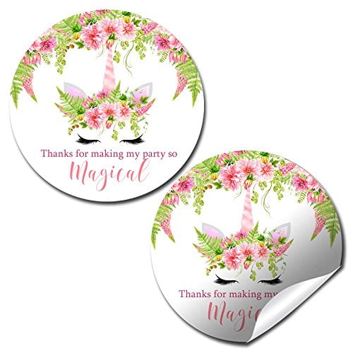 Floral Unicorn Face Party Stickers (Pink & Green)