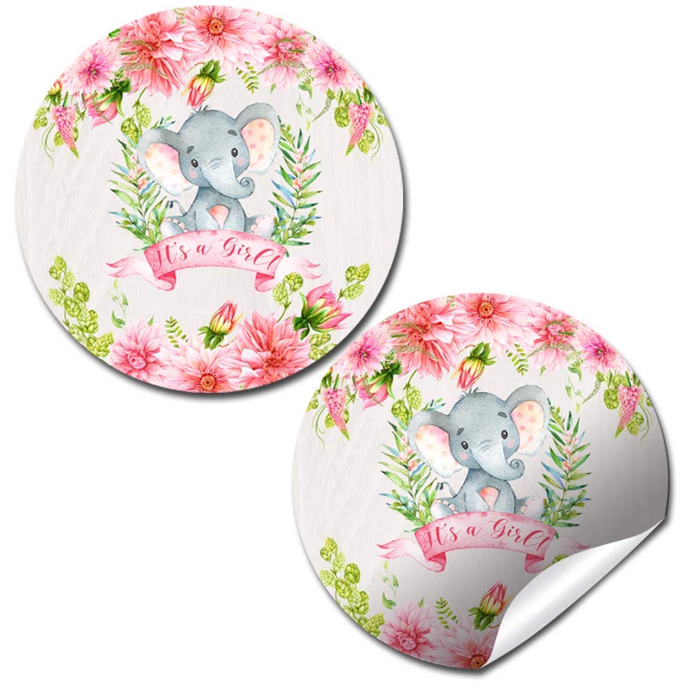 Watercolor Dahlia Floral Elephant Baby Shower Stickers (Girl)