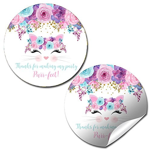 Floral Kitty Cat Face Birthday Party Stickers